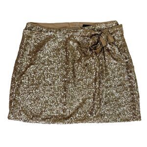 NWT House of Harlow Champagne Gold Sequin Wrap Mini Skirt Bow Tie Party sz M L